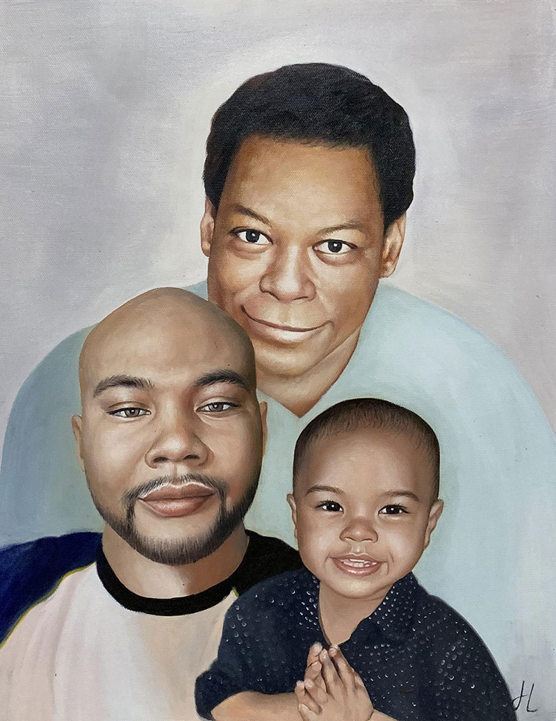 Painting of three generations of a family: an older man, a younger man, and a toddler.