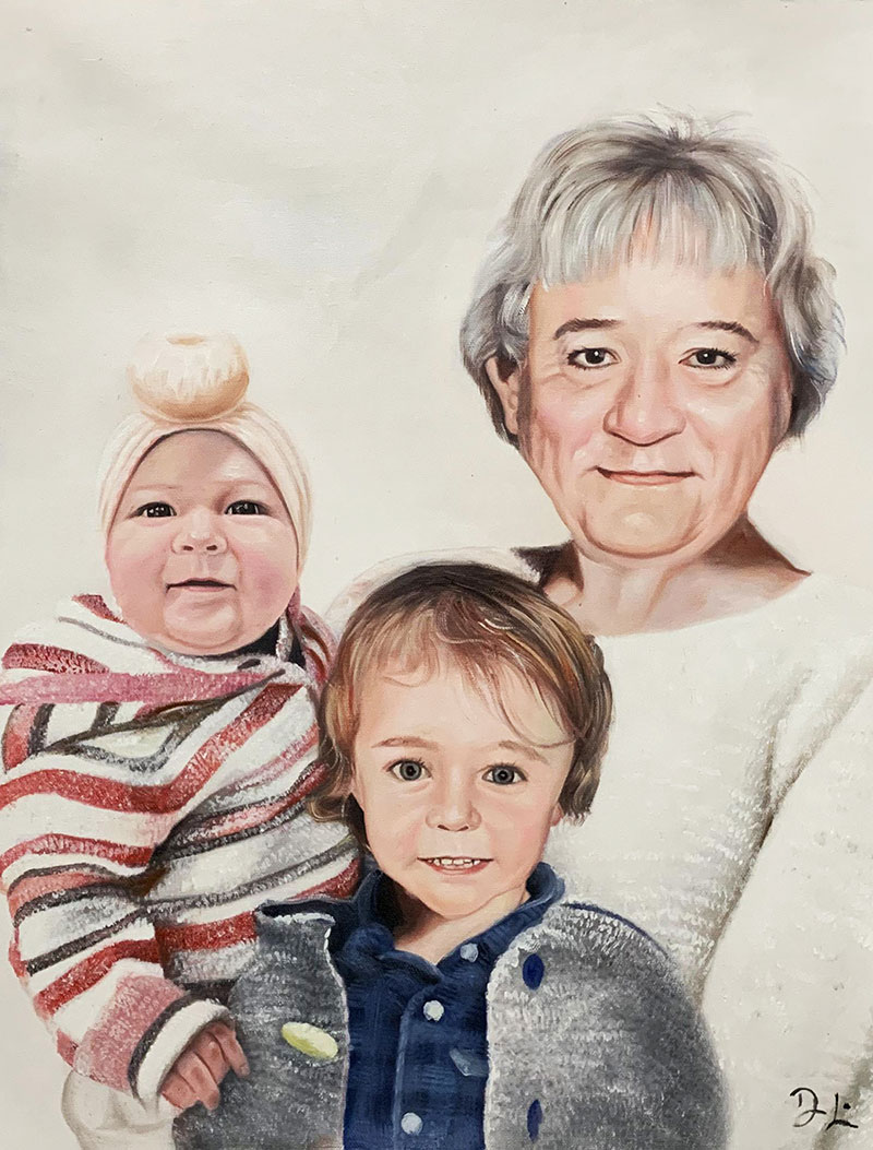 Beautiful acrylic painting of a grandmother with two kids