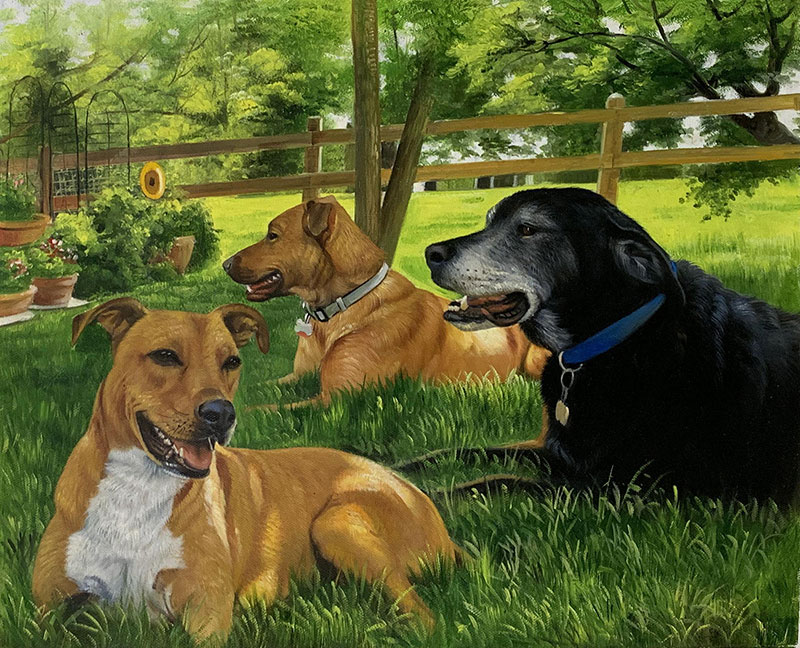 Custom handmade oil painting of three dogs