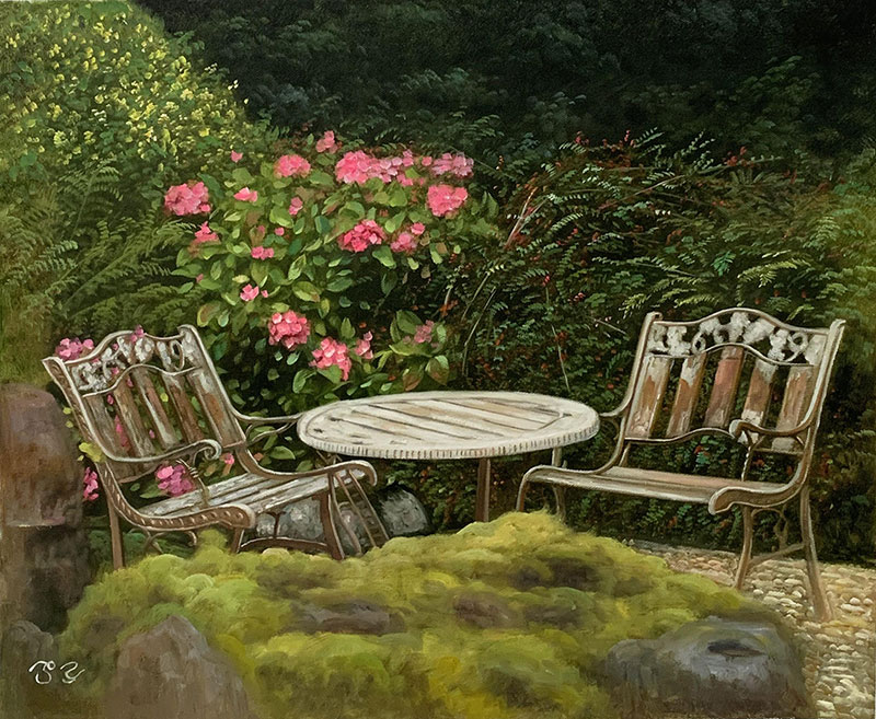 Painting of a garden scene with weathered metal chairs and a small table, surrounded by pink flowers and moss.