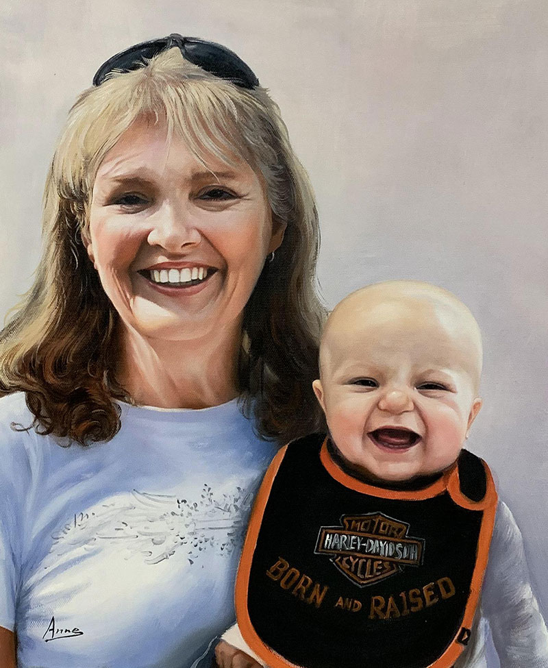 Gorgeous oil artwork of a woman and a smiling baby