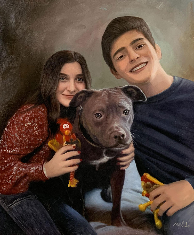 Beautiful oil painting of a couple with a pet