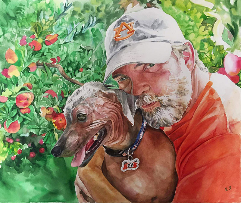 Custom watercolor painting of a man with a dog