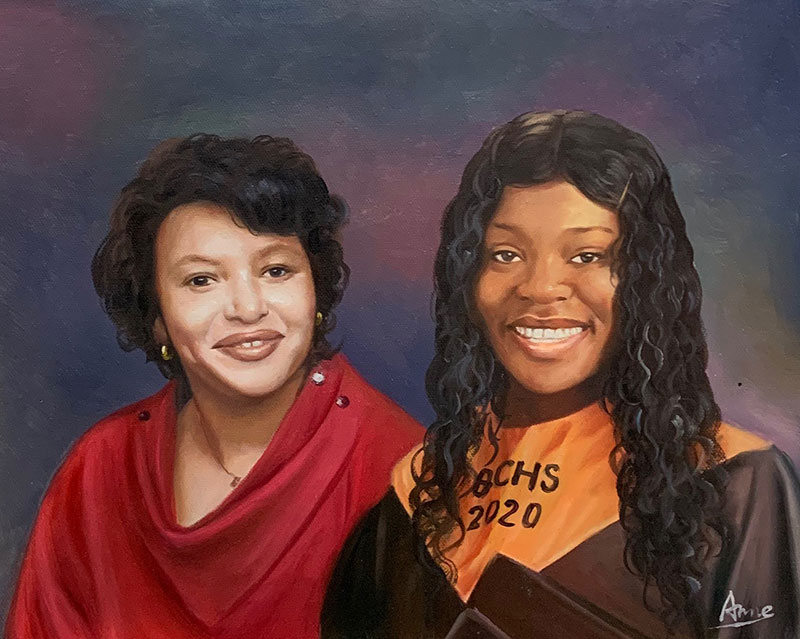 Painted portrait of a mother and daughter, the daughter is wearing a graduation sash.
