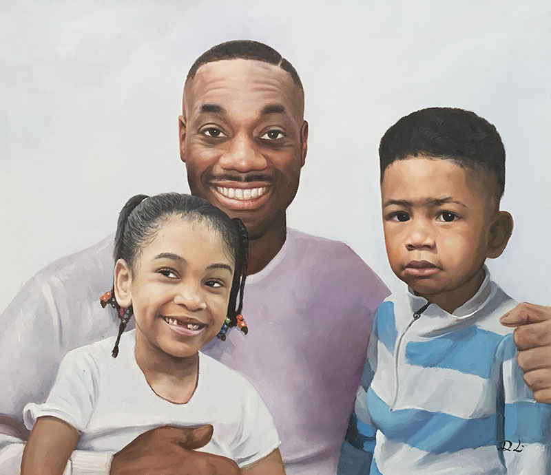 Painting of a father with his young son and daughter.
