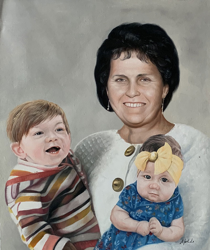 Beautiful oil painting of a grandmother and grandhildren
