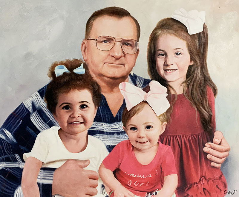 Beautiful oil artwork of a grandfather with grandchildren