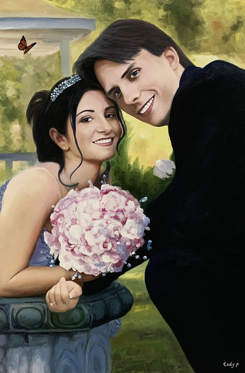 Gorgeous oil painting of a just married couple