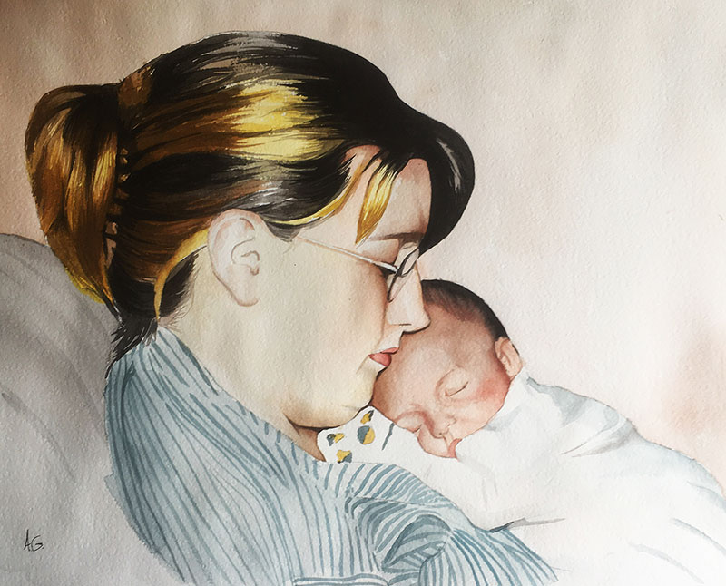 Gorgeous watercolor painting of a mother holding a baby