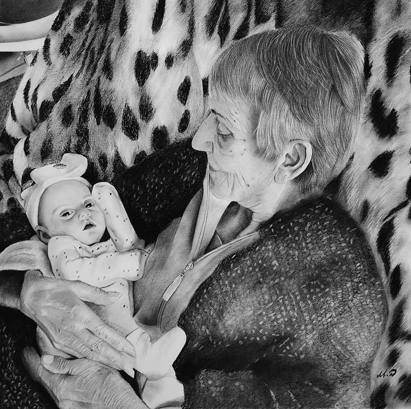 Beautiful charcoal portrait of a grandmother and a baby