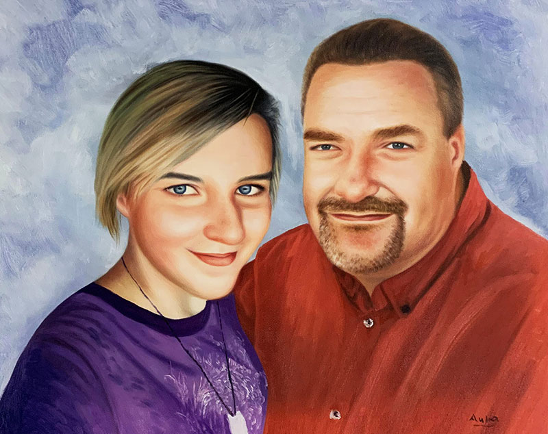 Oil painting portrait of a man and woman.