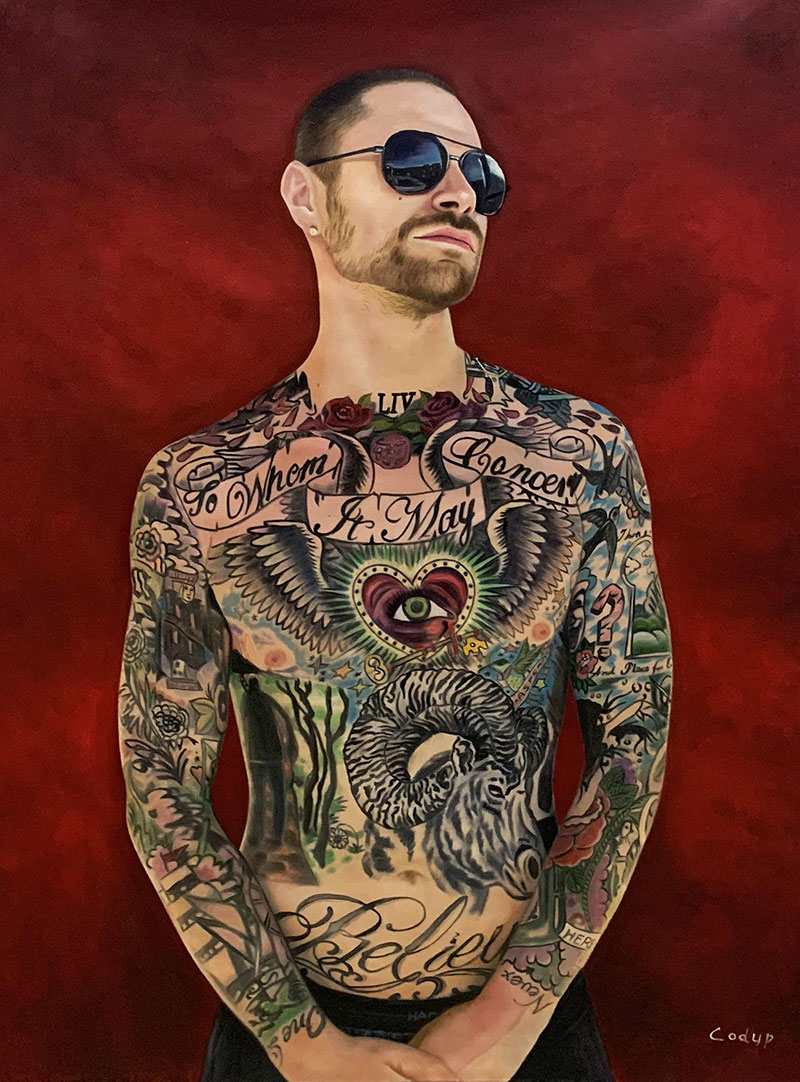 Personalized oil portrait of a man with tattoos 