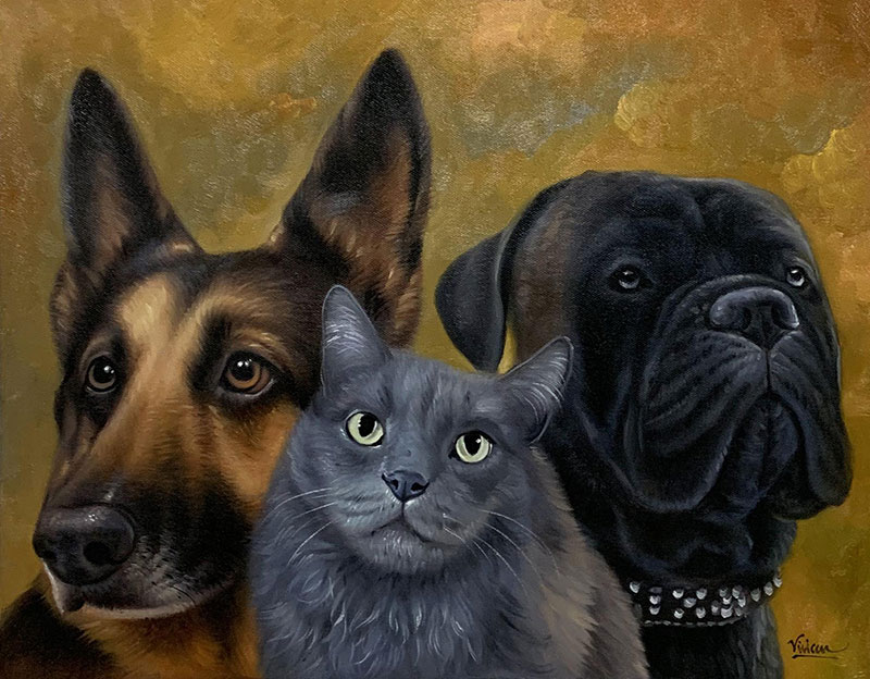 Painting of a German Shepherd, a gray cat, and a Bullmastiff.