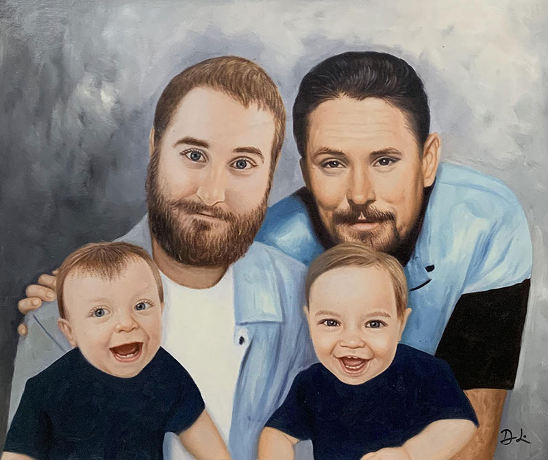 Beautiful acrylic painting of two men with two kids