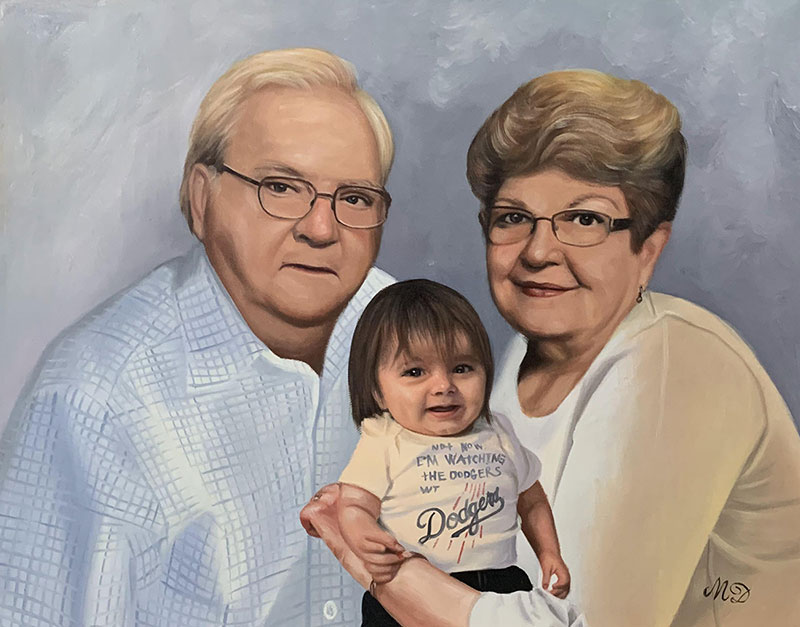 Personalized oil artwork of a grandparents with a kid