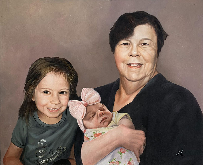 Oil painting portrait of a grandmother holding a baby, with a young girl standing beside them.