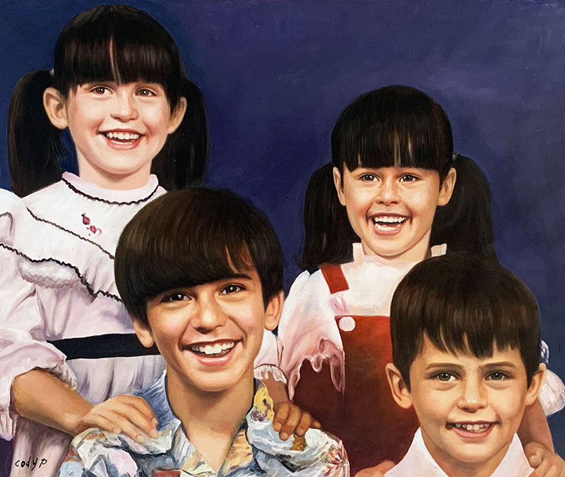 Beautiful oil painting of four children with a solid backgro