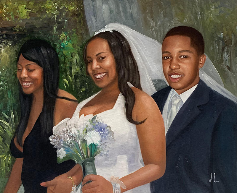 Beautiful oil painting of a just married couple with a lady