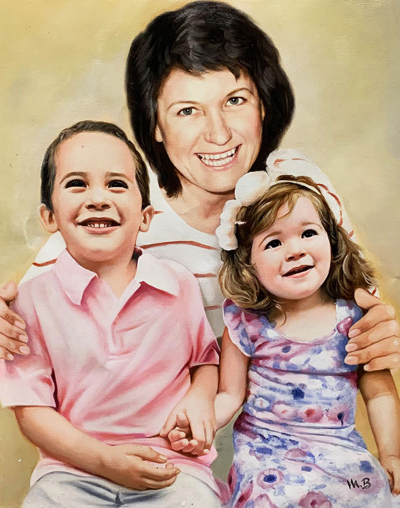 Beautiful handmade oil painting of a parent and children