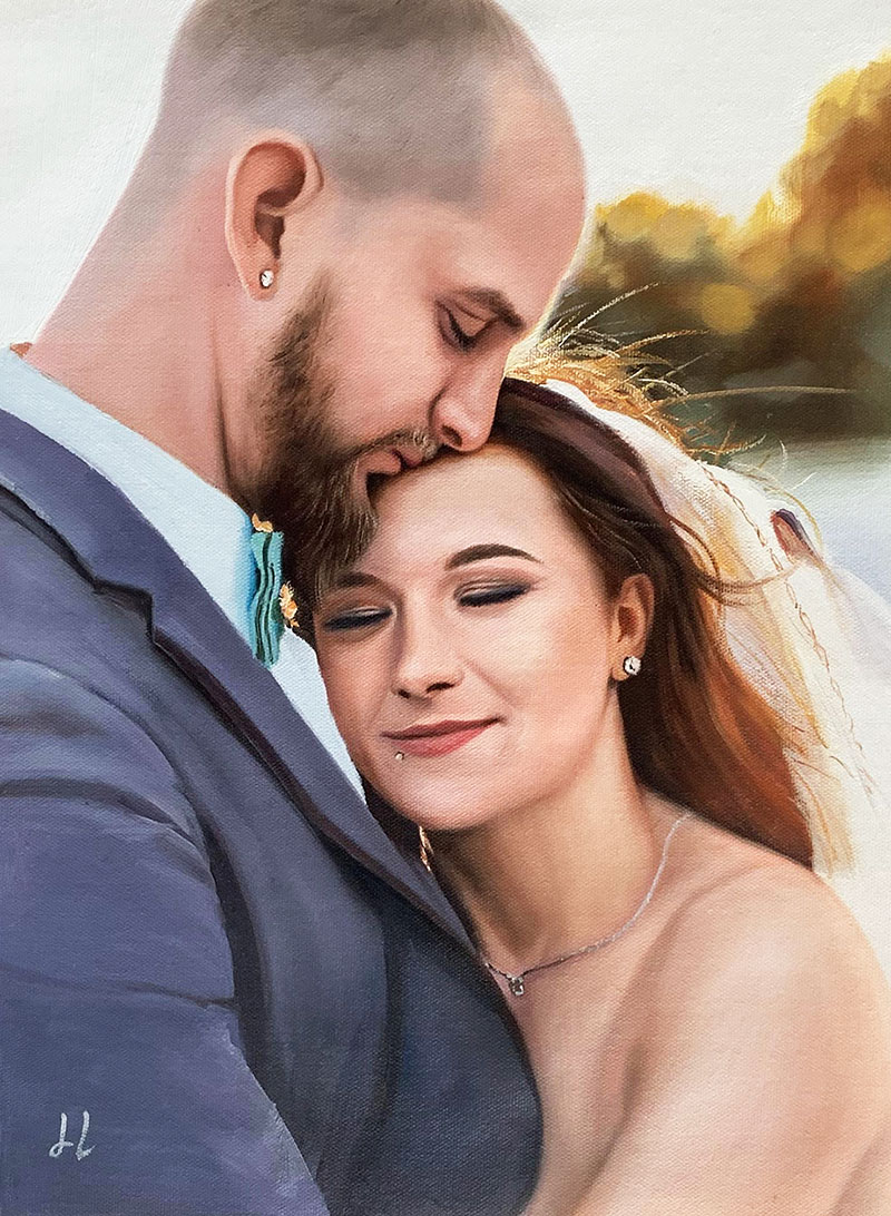 Painting of a groom kissing his bride`s forehead.