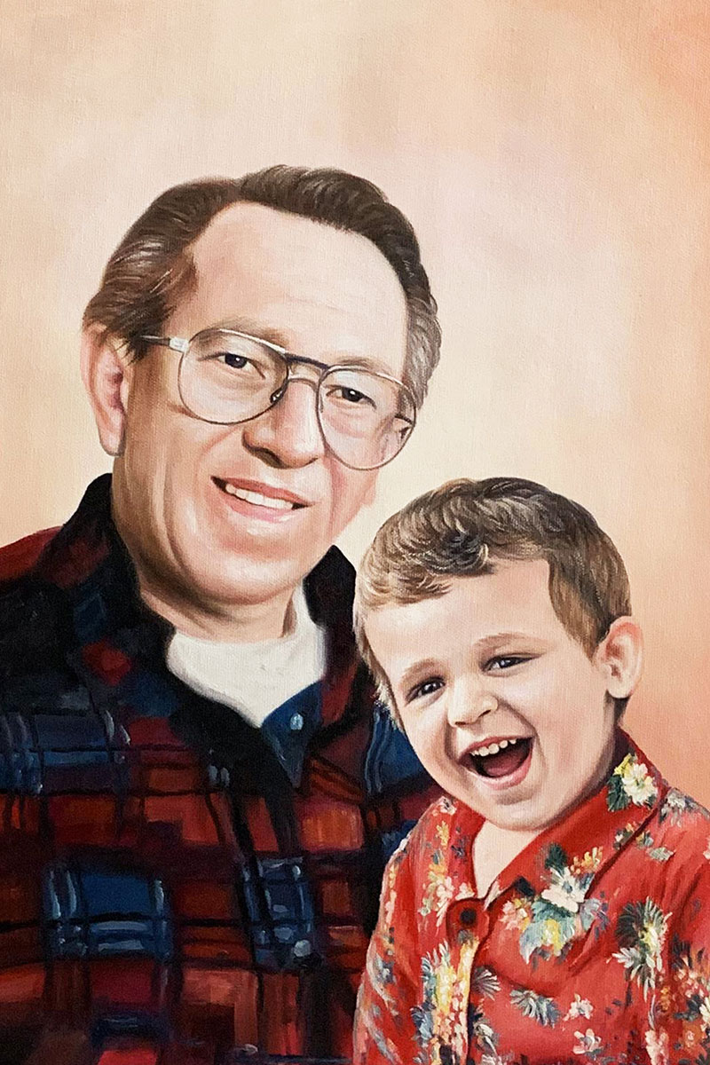 Custom oil painting of a man with a kid