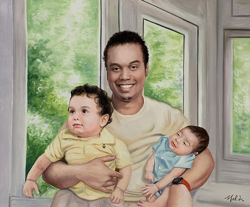 Beautiful oil painting of a father with two sons