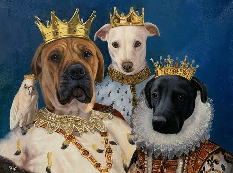 Custom oil painting of four pets with crowns
