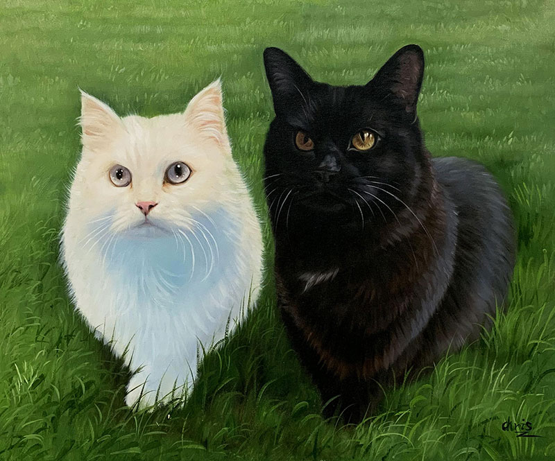 Painting of a white cat and a black cat sitting in the grass