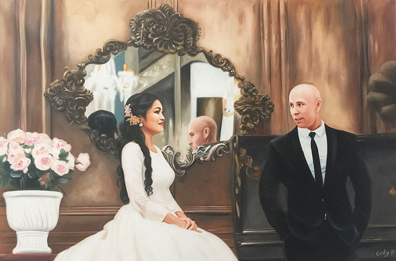 Gorgeous oil painting of a bride and a groom