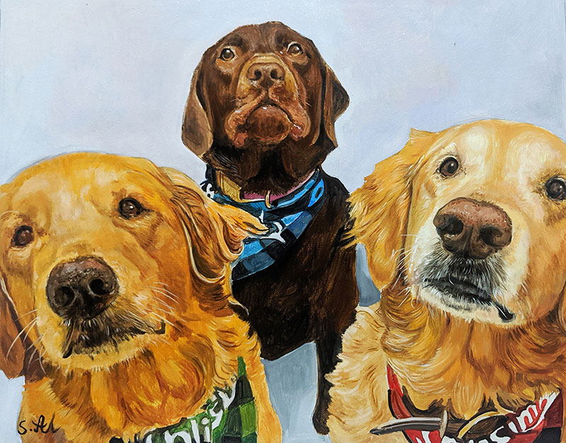 Custom oil artwork of three dogs with a solid background