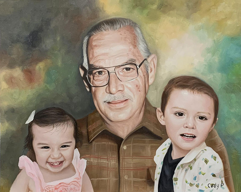 Beautiful oil artwork of a grandfather with  grandchildren