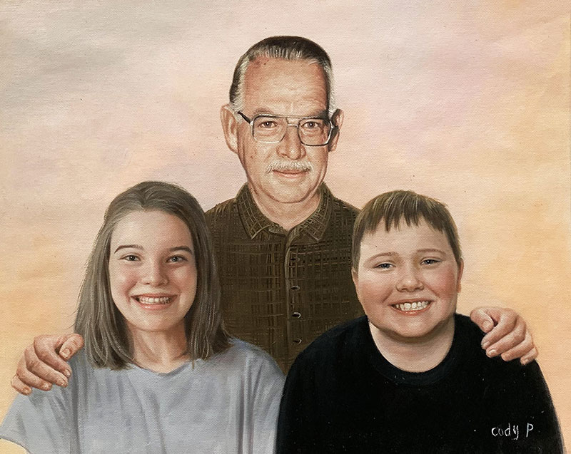 Gorgeous handmade oil painting of a father and children