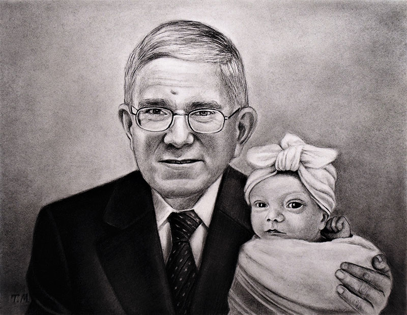 Beautiful charcoal painting of a grandfather with a baby