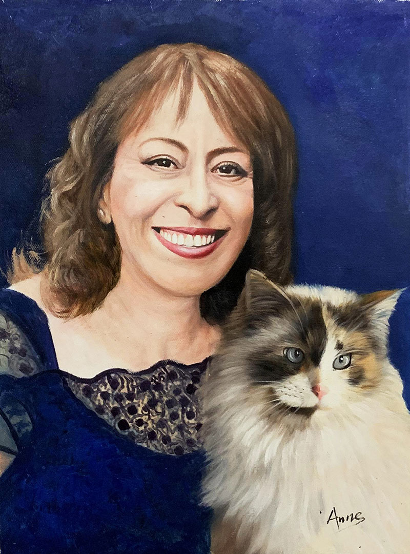 Beautiful handmade oil artwork of a woman with a cat