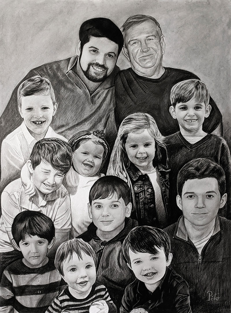Beautiful charcoal painting of a family
