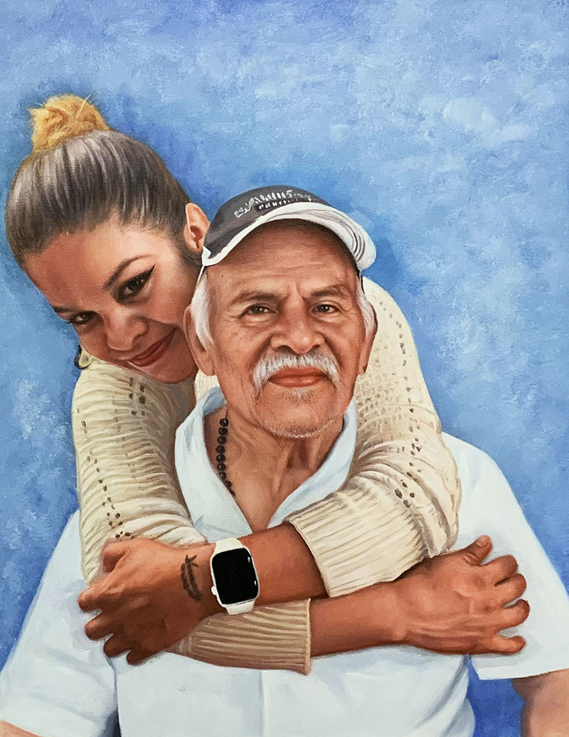Painting of a young woman hugging an older man