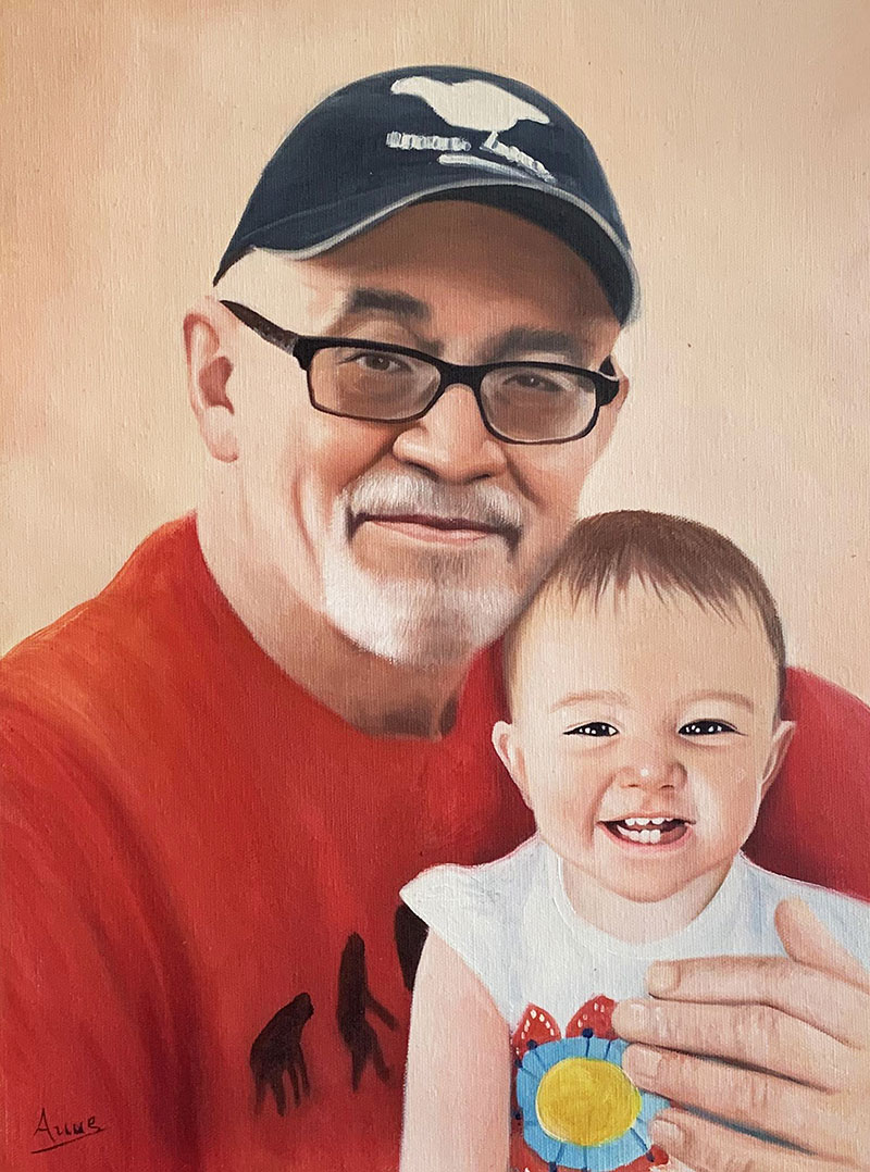 Beautiful oil portrait of a man holding a baby