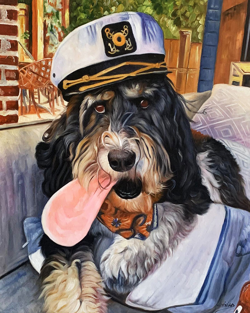 Custom oil painting of a dog with cap