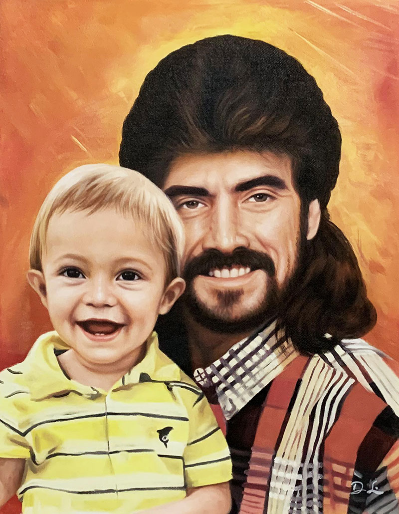 Beautiful oil portrait of a man with a baby