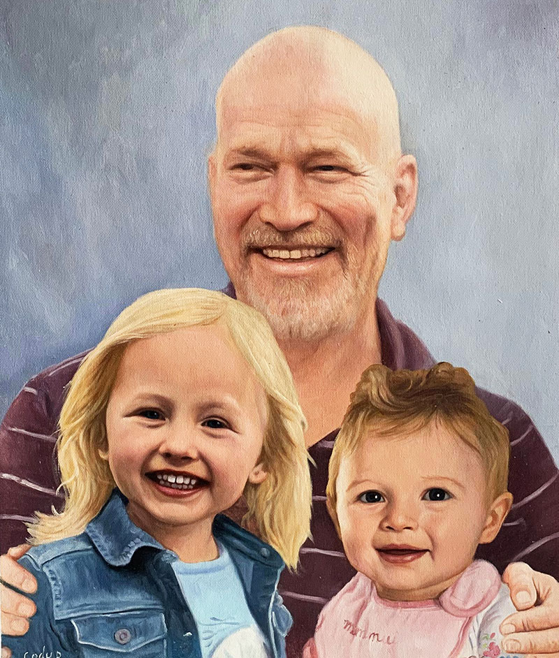 Beautiful oil painting of a man with two kids