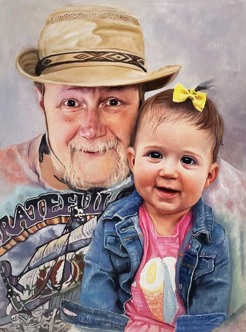 Beautiful handmade oil artwork of a man with a baby