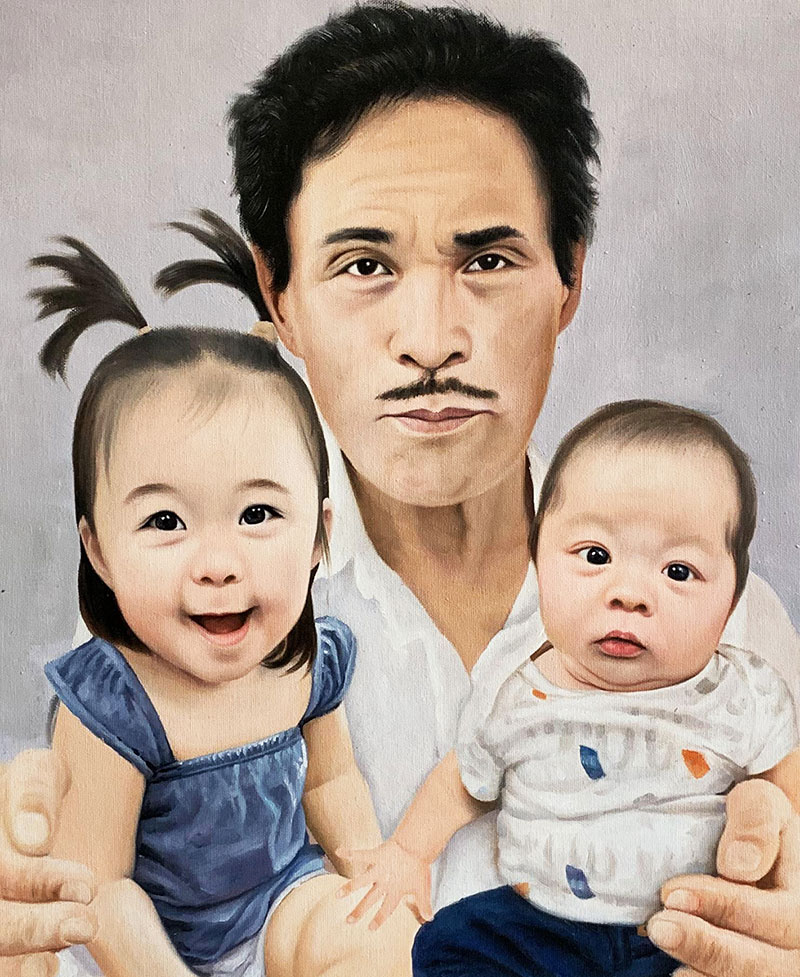 Beautiful acrylic painting of a man with two kids
