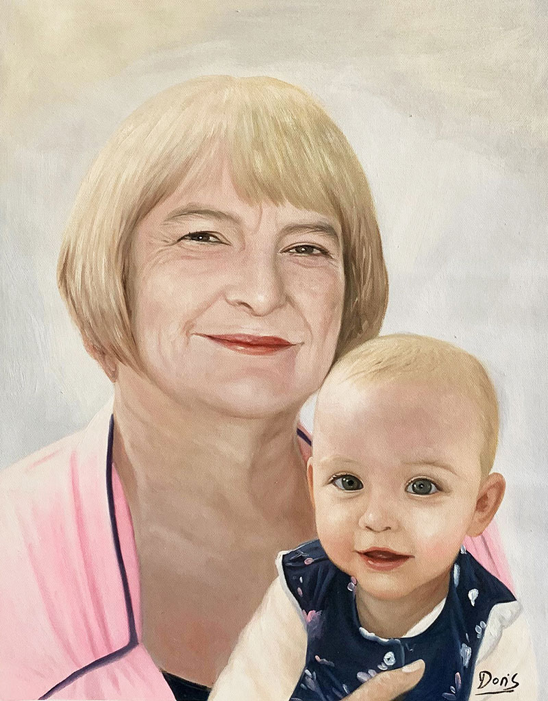 Personalized handmade oil artwork of a lady with a baby