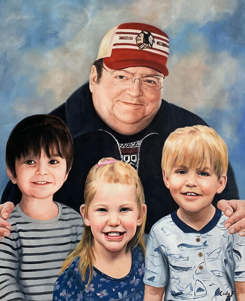 Beautiful oil artwork of a grandfather with grand kids