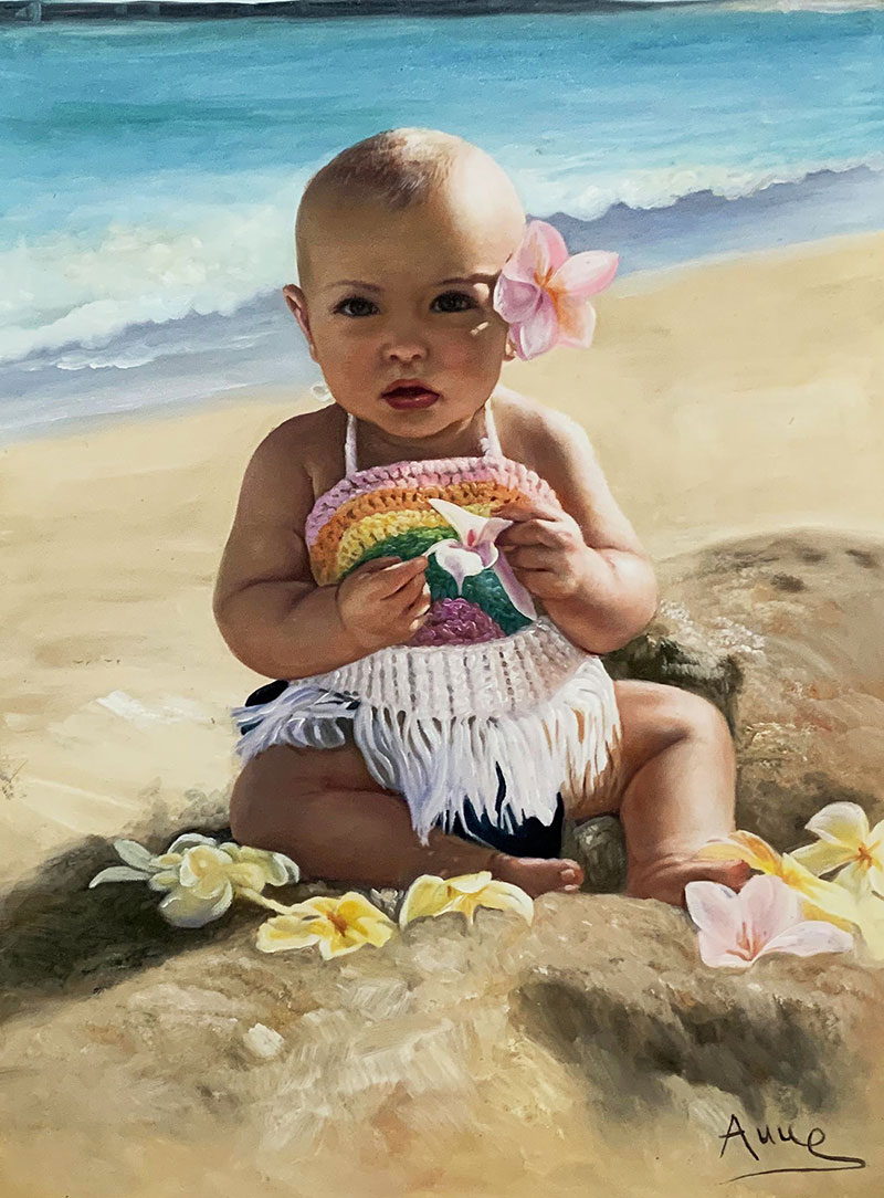 Beautiful oil portrait of a baby by the sea