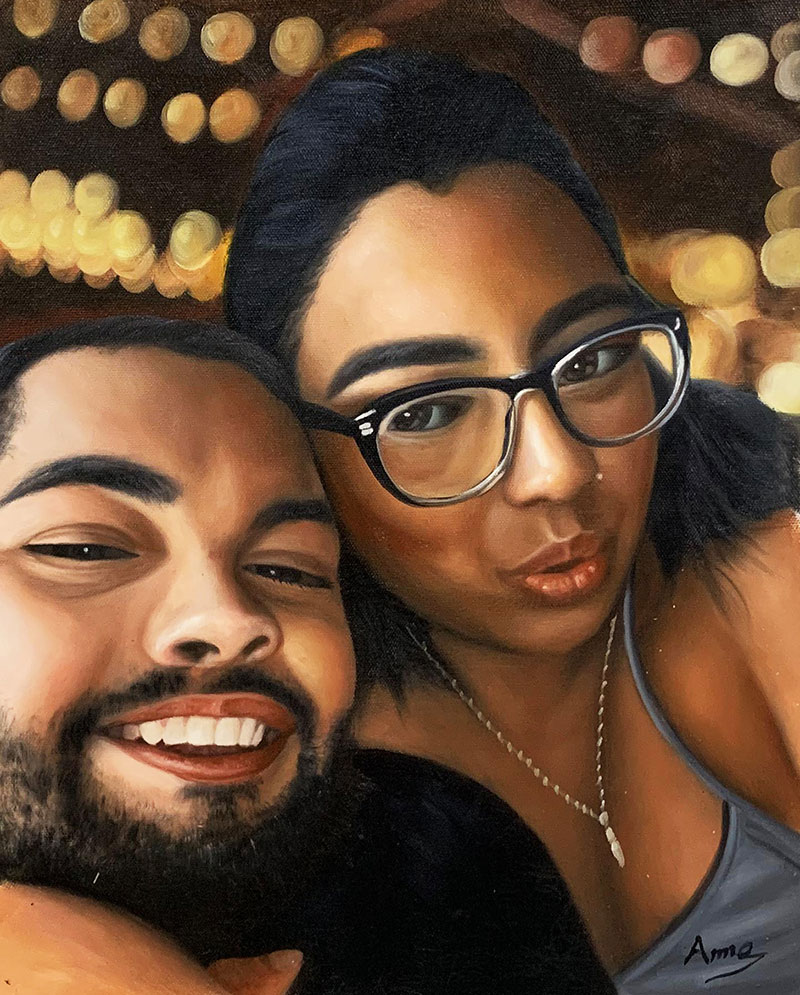 Gorgeous close up oil portrait of a loving couple