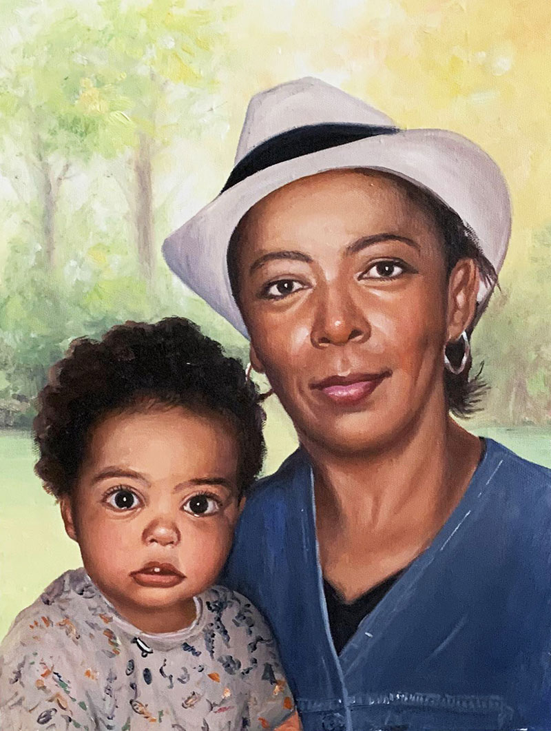 Beautiful handmade oil painting of a woman with a baby