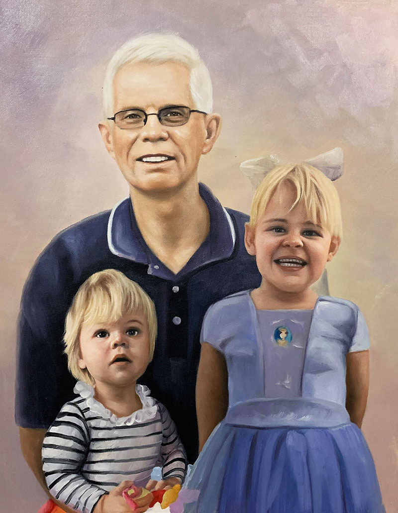 Oil painting portrait of a grandfather with two young blond granddaughters.