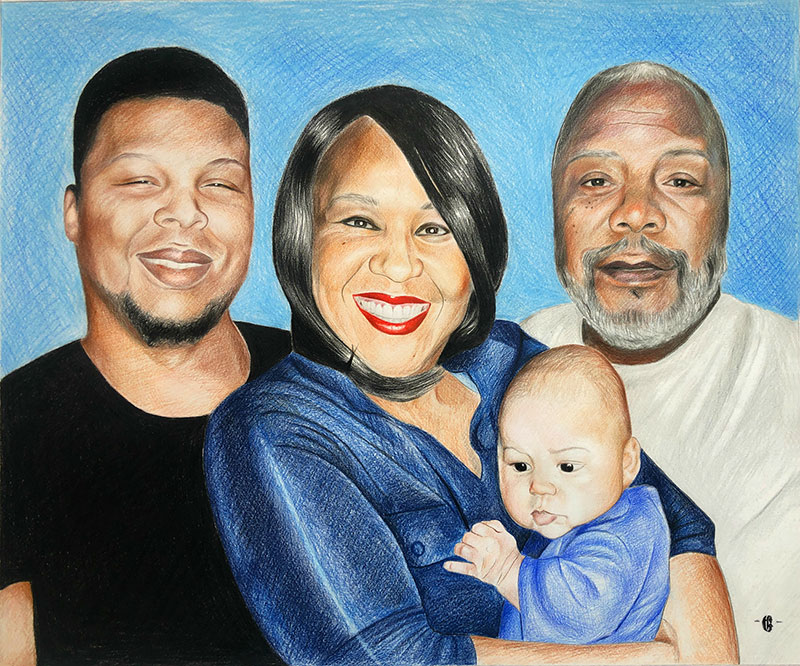 Beautiful color pencil painting of a family