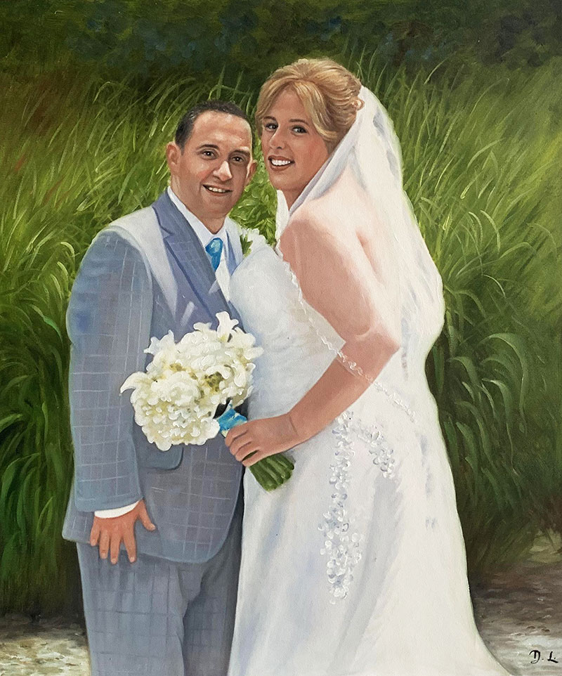 Gorgeous acrylic painting of a just married couple